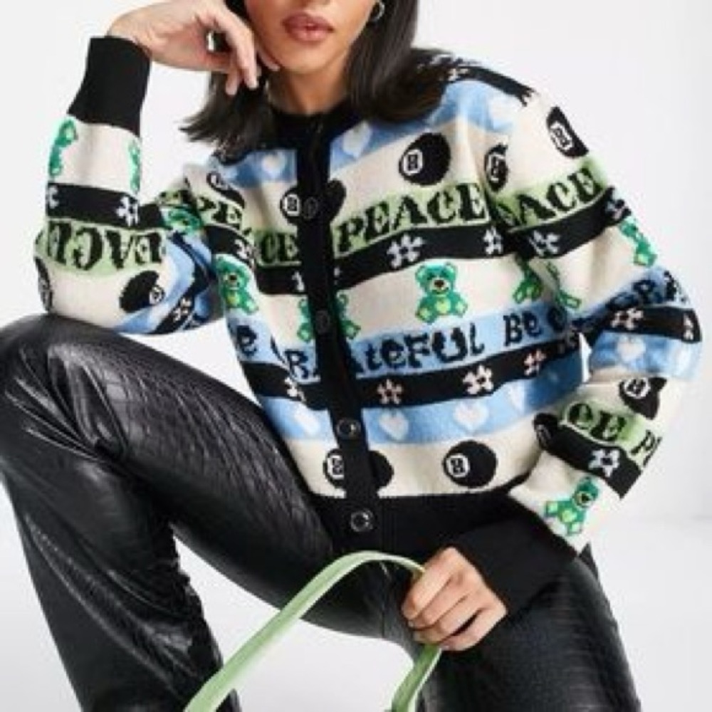 TopShop Grateful Peace Striped Graphic Cropped Cardigan Sweater 4 /6 Small